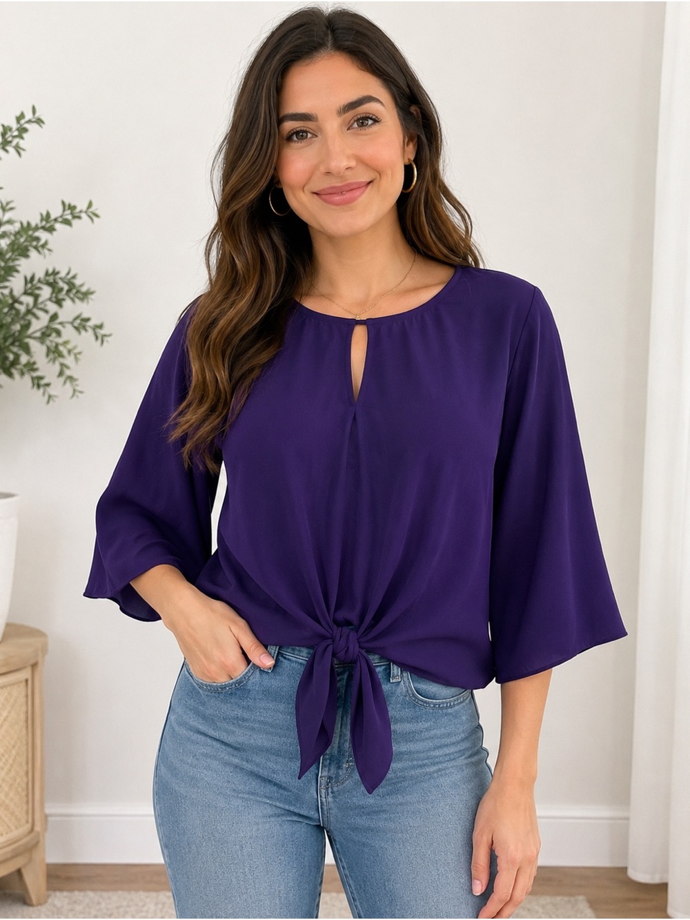 Peppermint USA Women’s Large Purple Tie Front Bell Sleeve Blouse NWOT